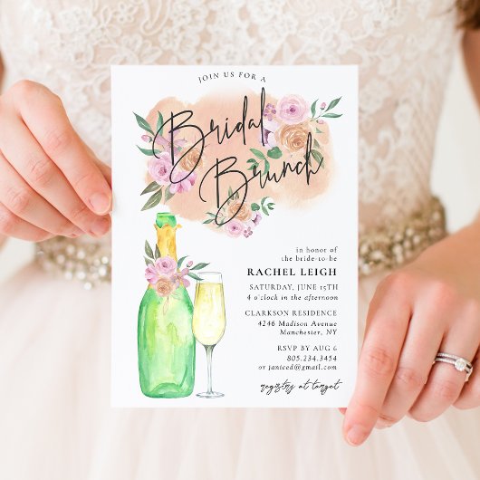 Dromerige bloemige bruidschampagne brunch uitnodig kaart