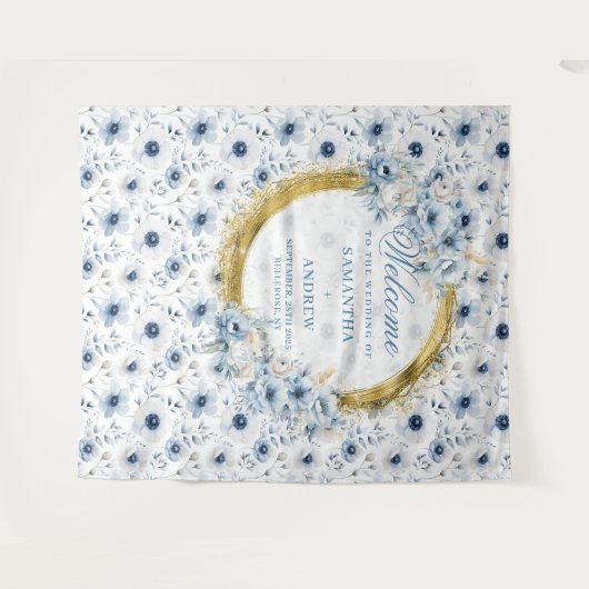 Dromerige Boheemse Lichtblauwe Gouden Trouwbanner Wandkleed (Voorkant (horizontaal))