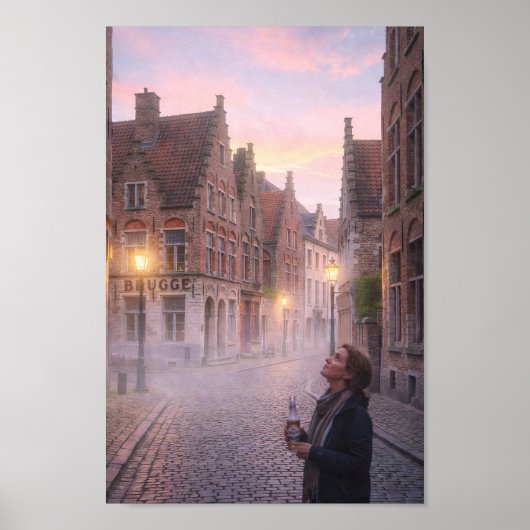 Dromerige Brugge Klinkerstraat Schemering Poster (Voorkant)