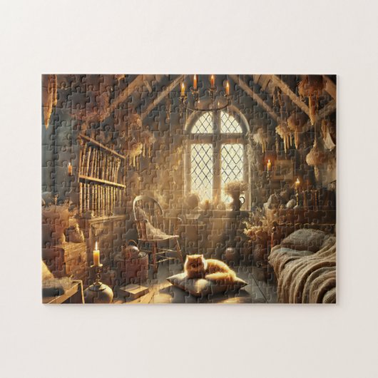Dromerige Cottagecore Kat Leesruimte Legpuzzel (Horizontaal)