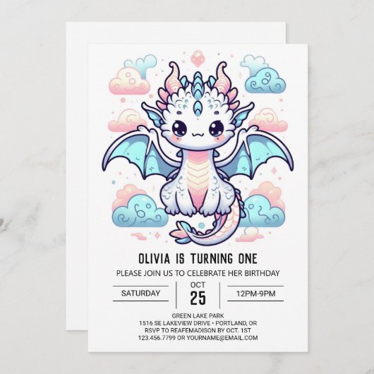 Dromerige draak 1e verjaardag kaart (Voorkant / Achterkant)