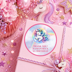 Dromerige Eenhoorn Roze Paarse Meisje Verjaardagsf Ronde Sticker