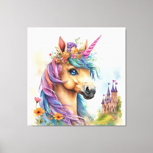 Dromerige eenhoorn Waterverf met kasteel en bloeme Canvas Afdruk (Voorkant)