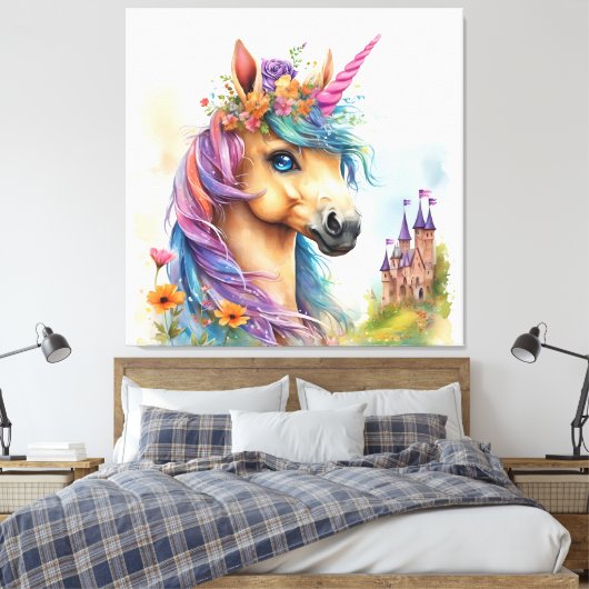Dromerige eenhoorn Waterverf met kasteel en bloeme Canvas Afdruk (Insitu (Slaapkamer))