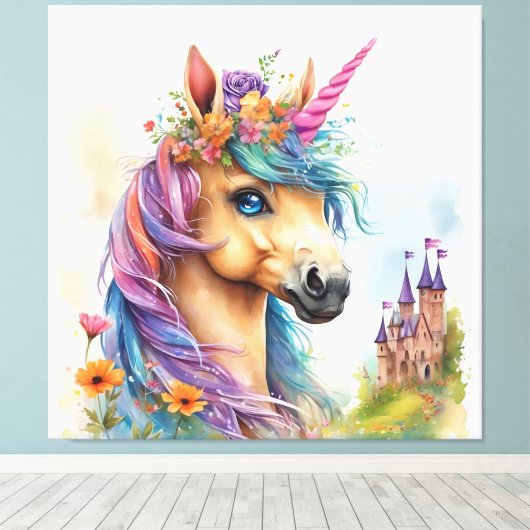 Dromerige eenhoorn Waterverf met kasteel en bloeme Canvas Afdruk (Insitu (Houten vloer))