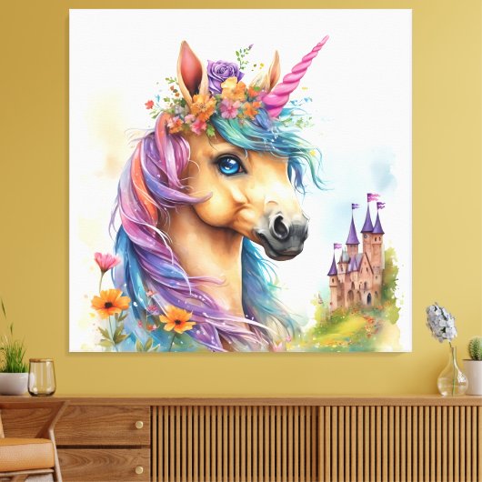 Dromerige eenhoorn Waterverf met kasteel en bloeme Canvas Afdruk (Insitu (Woonkamer))