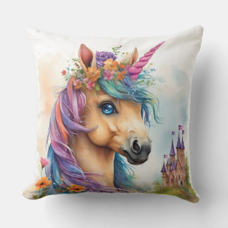 Dromerige eenhoorn Waterverf met kasteel en bloeme Kussen