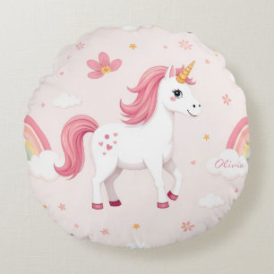 Dromerige eenhoorns, regenbogen, bloemen, Schattig Rond Kussen