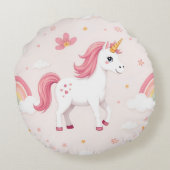 Dromerige eenhoorns, regenbogen, bloemen, Schattig Rond Kussen (Achterkant)