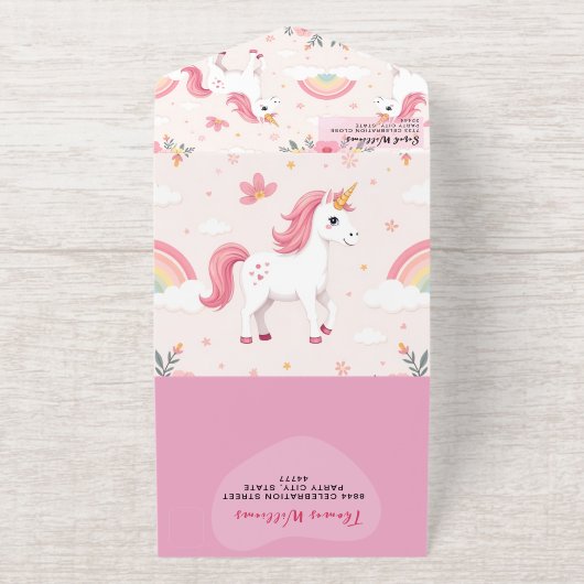 Dromerige eenhoorns, regenbogen, bloemen / verjaar all in one uitnodiging (Buiten)