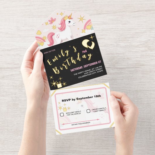 Dromerige eenhoorns, regenbogen, bloemen / verjaar all in one uitnodiging (Uittrekbaar)