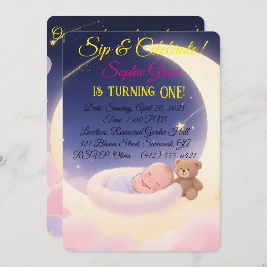 Dromerige eerste verjaardagsuitnodiging Maan & Ste Kaart (Voorkant / Achterkant)