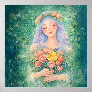 Dromerige engel met bloemen – Zachte groene fantas Poster