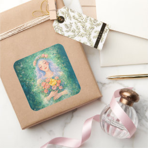 Dromerige engel met bloemen – Zachte groene fantas Vierkante Sticker