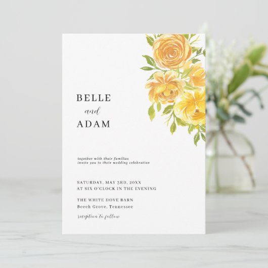 Dromerige gele roos bruiloft kaart (Staand voorkant)