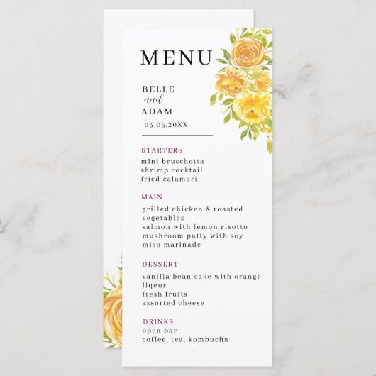 Dromerige gele roos bruiloft menu (Voorkant / Achterkant)
