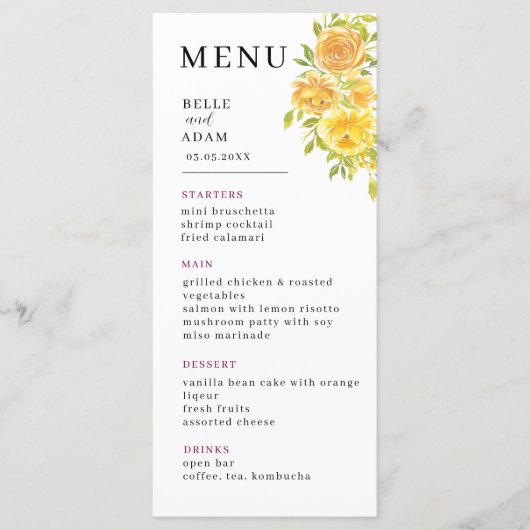 Dromerige gele roos bruiloft menu (Voorkant)