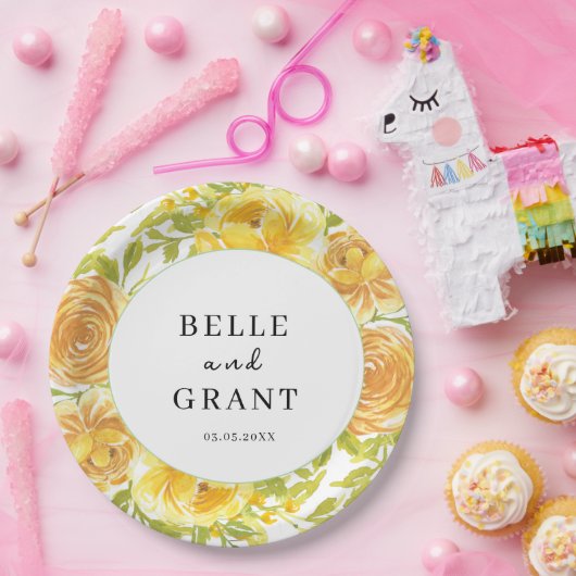 Dromerige gele roos bruiloft papieren bordje (Feest)