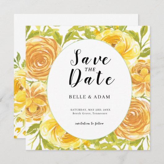 Dromerige gele roos bruiloft save the date (Voorkant / Achterkant)