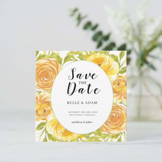 Dromerige gele roos bruiloft save the date (Staand voorkant)