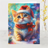Dromerige Ginger Kitten in Santa Hat Waterverf Kaart (Gele Bloem)