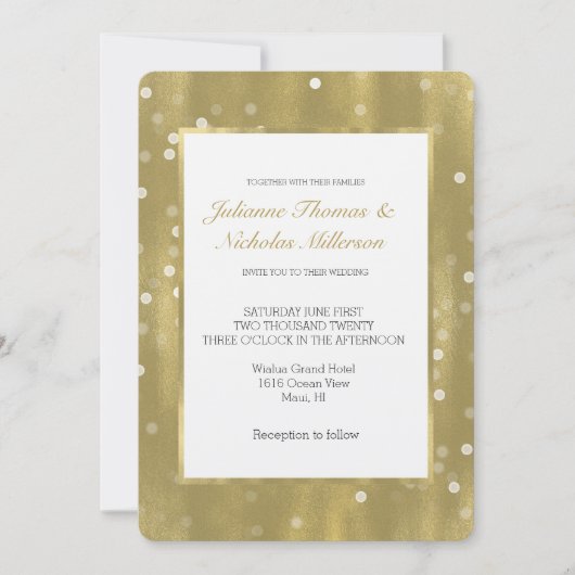 Dromerige Goud en Witte Confetti Bokeh Bruiloft Kaart (Voorkant)