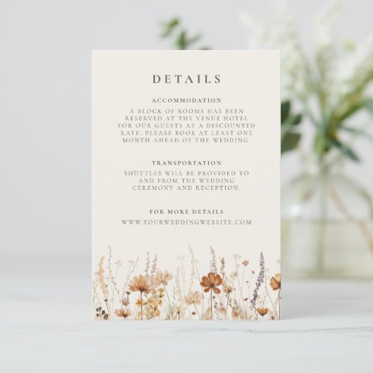 Dromerige herfst Wildflower bruiloft details Informatiekaartje (Staand voorkant)