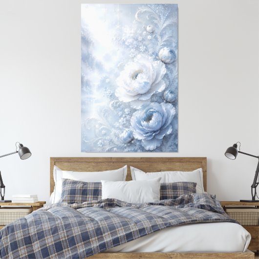 Dromerige Ijsblauwe Geprägde Bloementuin Canvas Afdruk (Insitu (Slaapkamer))