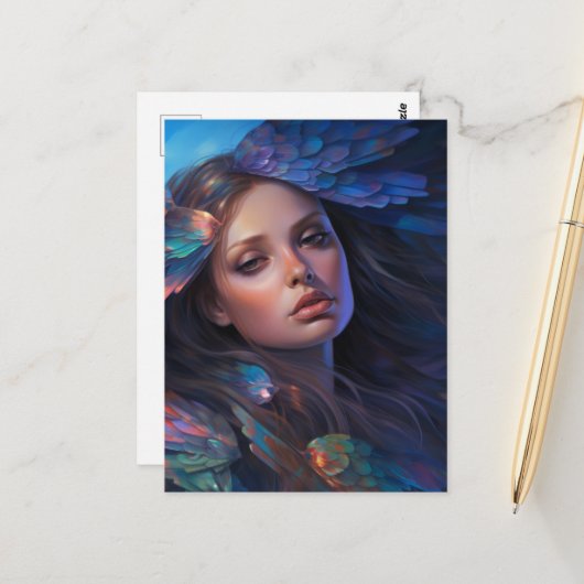 Dromerige Indigo Blauwe Vlinder Vleugels Fantasie  Briefkaart (Voorkant / Achterkant in situ)