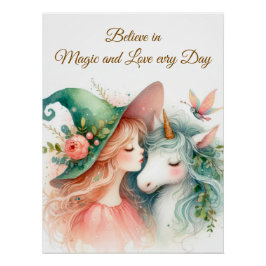 Dromerige kinderkamer kunst heks eenhoorn aquarel perfect poster