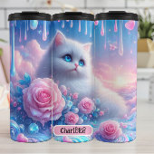 Dromerige kitten: roze rozen, blauwe ogen thermosbeker