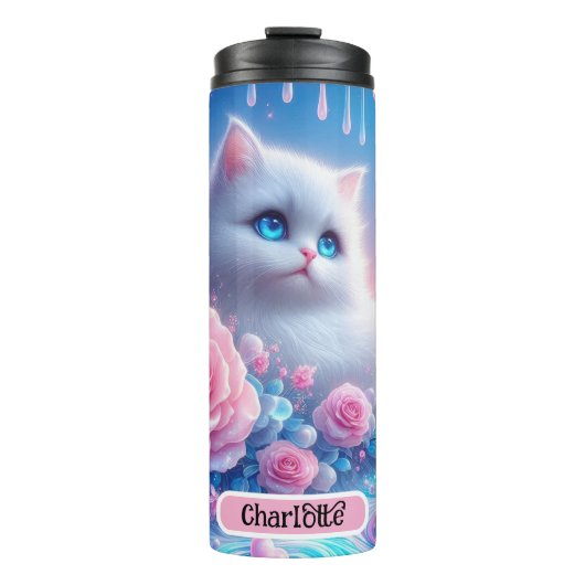 Dromerige kitten: roze rozen, blauwe ogen thermosbeker (Voorkant)