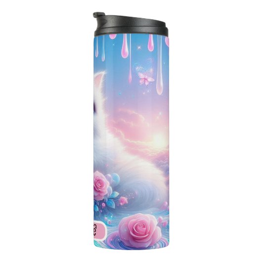 Dromerige kitten: roze rozen, blauwe ogen thermosbeker (Geroteerd rechts)