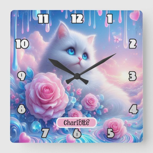 Dromerige kitten: roze rozen, blauwe ogen vierkante klok (Voorkant)