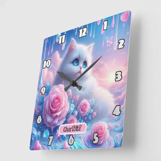 Dromerige kitten: roze rozen, blauwe ogen vierkante klok (Hoek)