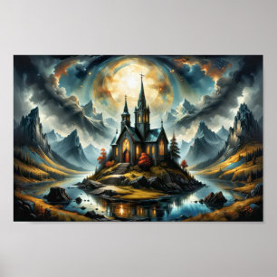 Dromerige kleine bergkerk aan een meer bij zonsond poster
