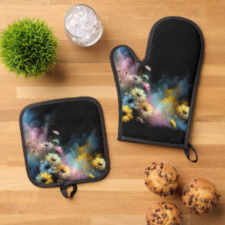 Dromerige kleurrijke madeliefjes ovenwant & pannenlap set