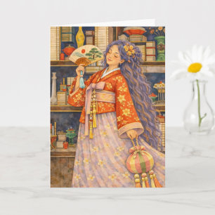 Dromerige Koreaanse Hanbok-meisje met waaier en No Kaart