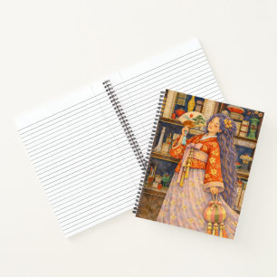 Dromerige Koreaanse Hanbok-meisje met waaier en No Notitieboek
