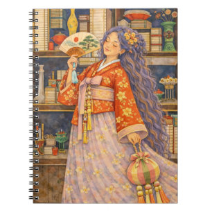 Dromerige Koreaanse Hanbok-meisje met waaier en No Notitieboek
