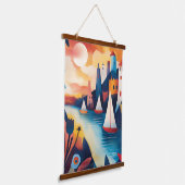 Dromerige kustdorp illustratie hangend wandkleed (Gebogen)