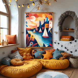 Dromerige kustdorp illustratie hangend wandkleed