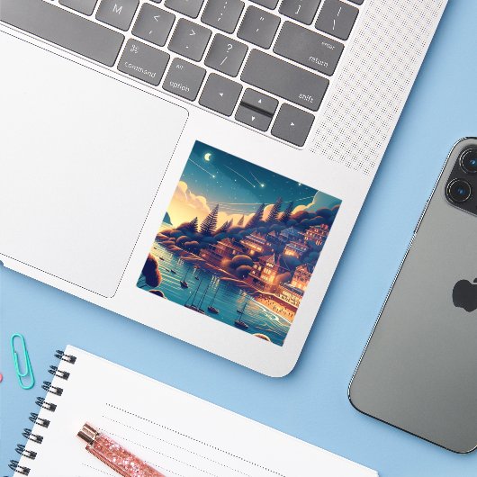 Dromerige Kustnacht Sticker (Laptop met iPhone)