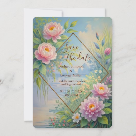 Dromerige Lakeside Garden bruiloft save the date Kaart (Voorkant)