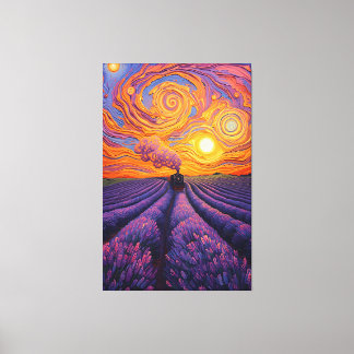 Dromerige lavendel expres-whimsical trein bij zons canvas afdruk