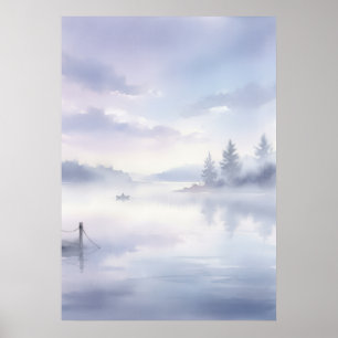 Dromerige Lavendel Nevelig Meer Dennenbomen Steige Poster