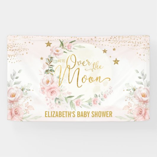 Dromerige Maan Blush Roze Bloemen Baby Meisje Welk Spandoek (Horizontaal)