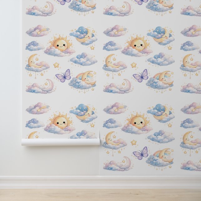 Dromerige Maan & Zon Pastelkleurige Wolken Babykam Behang (Applicatie)