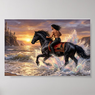 Dromerige man te paard op het strand bij zonsonder poster
