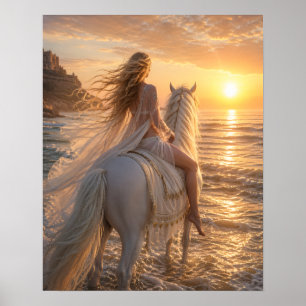 Dromerige naakte paard op het strand bij zonsonder poster